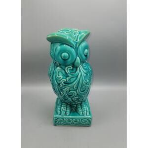 Vintage Ceramic Owl Turquoise Green Glaze Distressed Art Pottery Figurine 11"